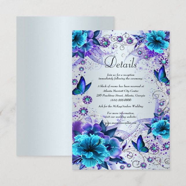 Tarjeta De Recepción Detalles del Boda Floral Azul Y Mariposa (Anverso / Reverso)