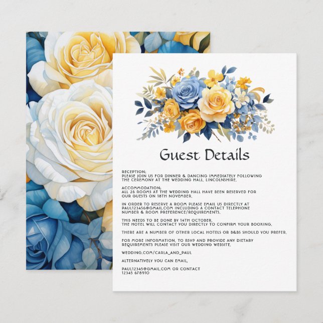 Tarjeta De Recepción Detalles del Boda Floral Azul y Oro (Anverso / Reverso)