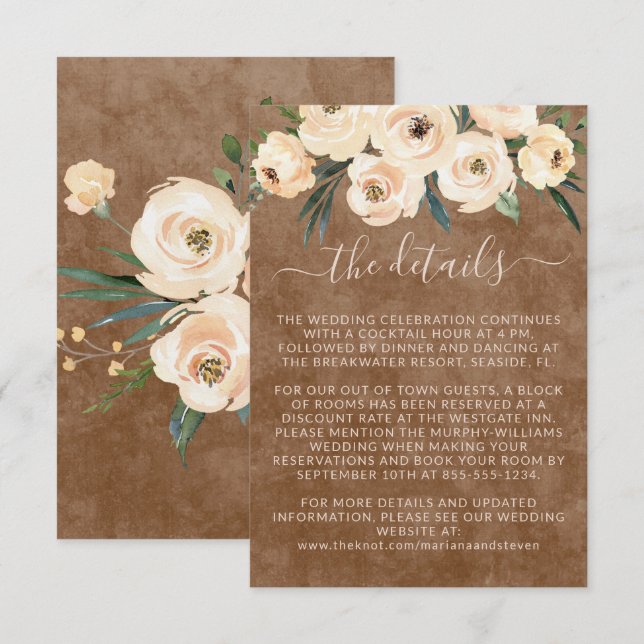 Tarjeta De Recepción Detalles del Boda Floral Beige (Anverso / Reverso)