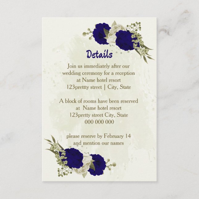 Tarjeta De Recepción Detalles del boda floral beige azul real (Anverso)