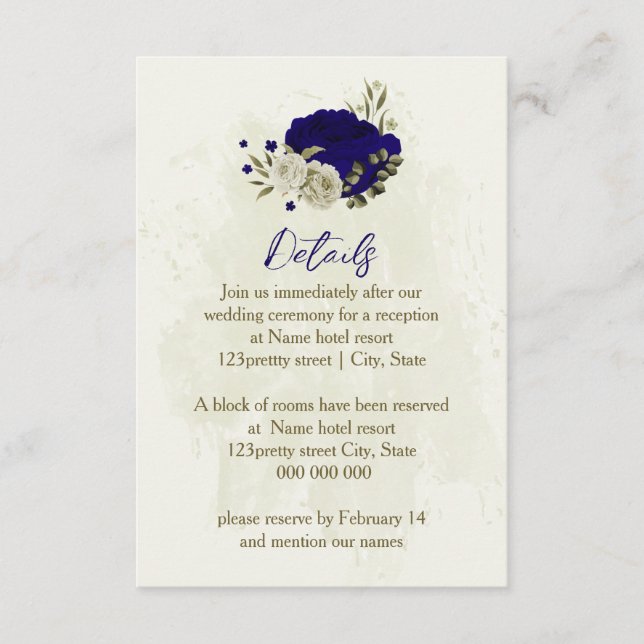 Tarjeta De Recepción Detalles del boda floral beige azul real (Anverso)
