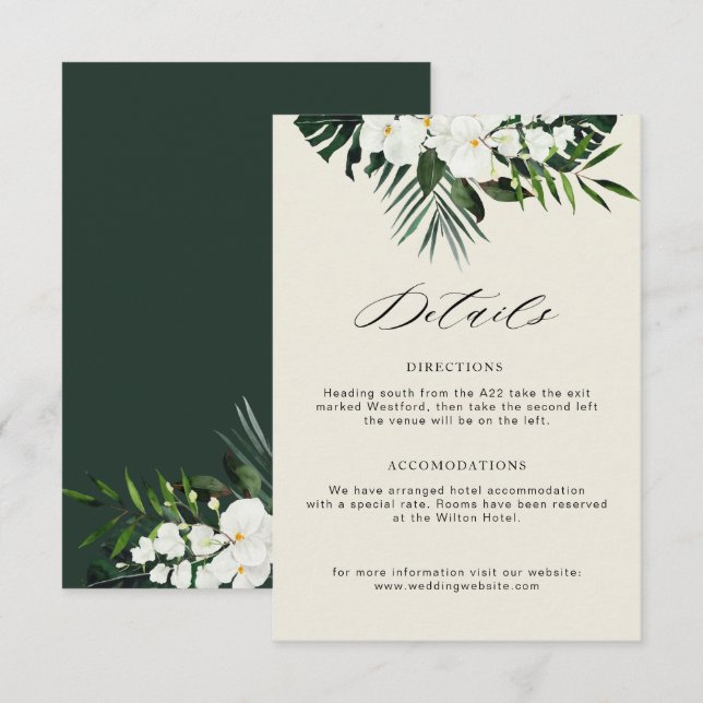 Tarjeta De Recepción detalles del boda floral blanco de vegetación trop (Anverso / Reverso)