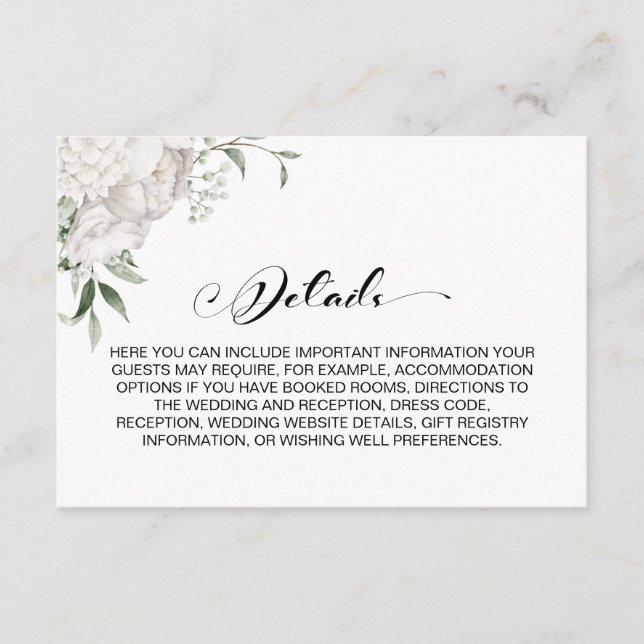 Tarjeta De Recepción Detalles del Boda floral blanco elegante (Anverso)