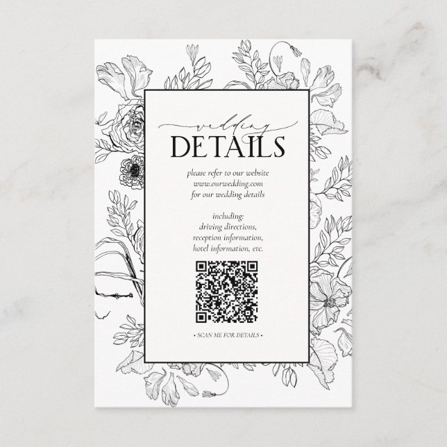Tarjeta De Recepción Detalles del Boda floral blanco negro del código Q (Anverso)
