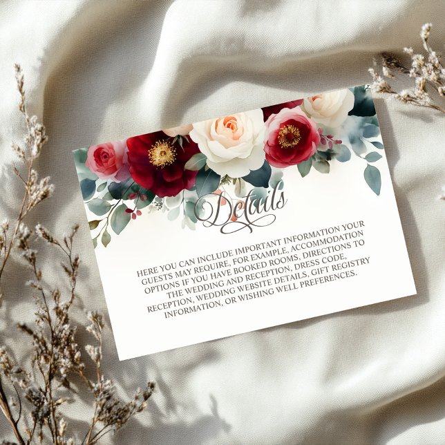 Tarjeta De Recepción Detalles del Boda floral blanco y borgoña (Subido por el creador)