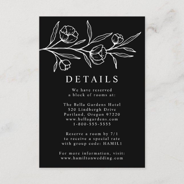 Tarjeta De Recepción Detalles del Boda floral blanco y negro (Anverso)