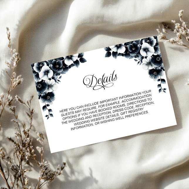 Tarjeta De Recepción Detalles del Boda floral blanco y negro (Subido por el creador)
