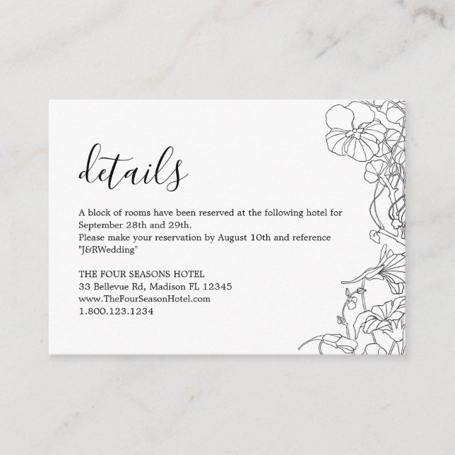 Tarjeta De Recepción Detalles del Boda floral blanco y negro moderno (Anverso)