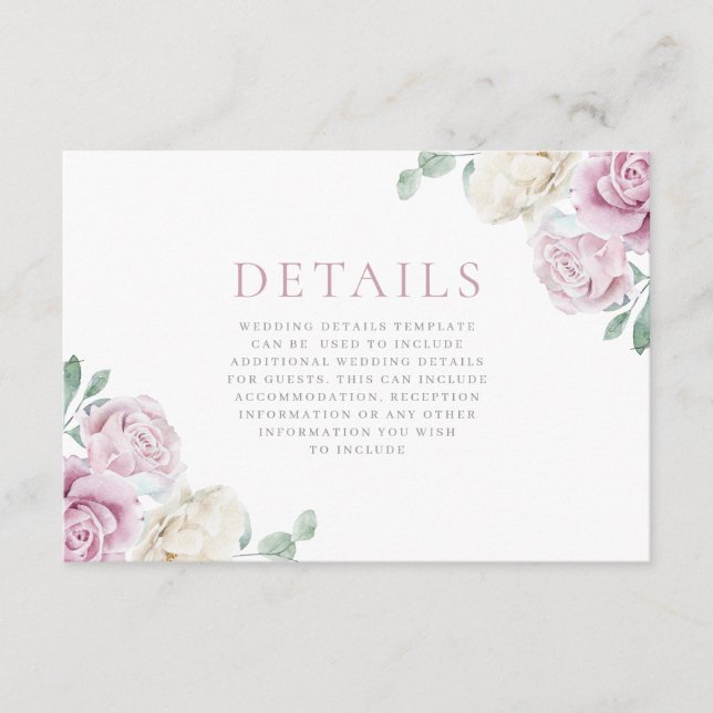Tarjeta De Recepción Detalles del Boda floral blanco y Rubor (Anverso)