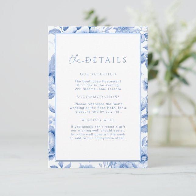 Tarjeta De Recepción Detalles del Boda floral Blue Toile francés Insert (Anverso de pie)