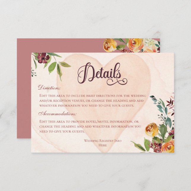 Tarjeta De Recepción Detalles del Boda Floral Boho Heart Peach (Anverso / Reverso)