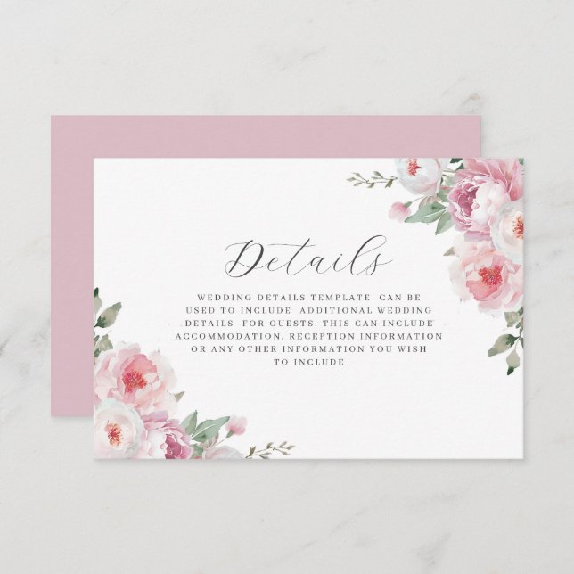 Tarjeta De Recepción Detalles del Boda floral botánico Rubor & Rosa (Anverso / Reverso)