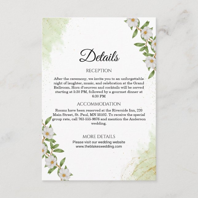 Tarjeta De Recepción Detalles del Boda floral de acuarela verde y blanc (Anverso)