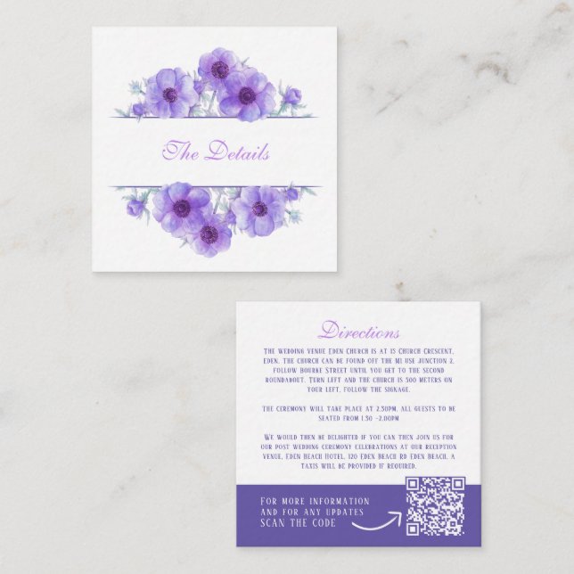 Tarjeta De Recepción Detalles del boda floral de anémona púrpura, códig (Anverso / Reverso)