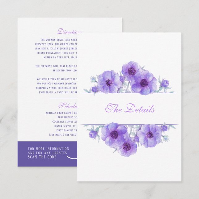 Tarjeta De Recepción Detalles del boda floral de anémona púrpura, códig (Anverso / Reverso)
