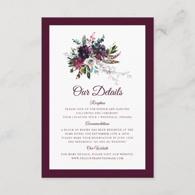 Tarjeta De Recepción Detalles del Boda floral de Borgoña (Anverso)