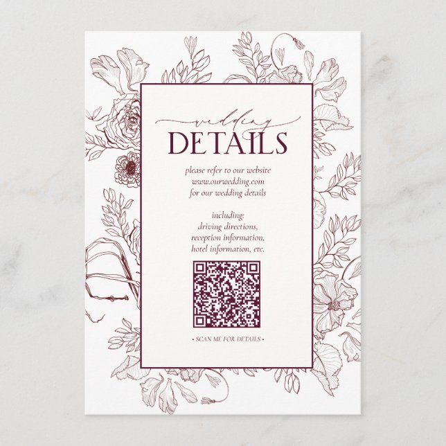 Tarjeta De Recepción Detalles del Boda Floral de Borgoña del código QR (Anverso)