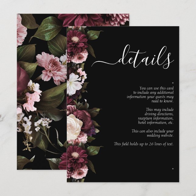 Tarjeta De Recepción Detalles del Boda floral de escritura oscura Moody (Anverso / Reverso)