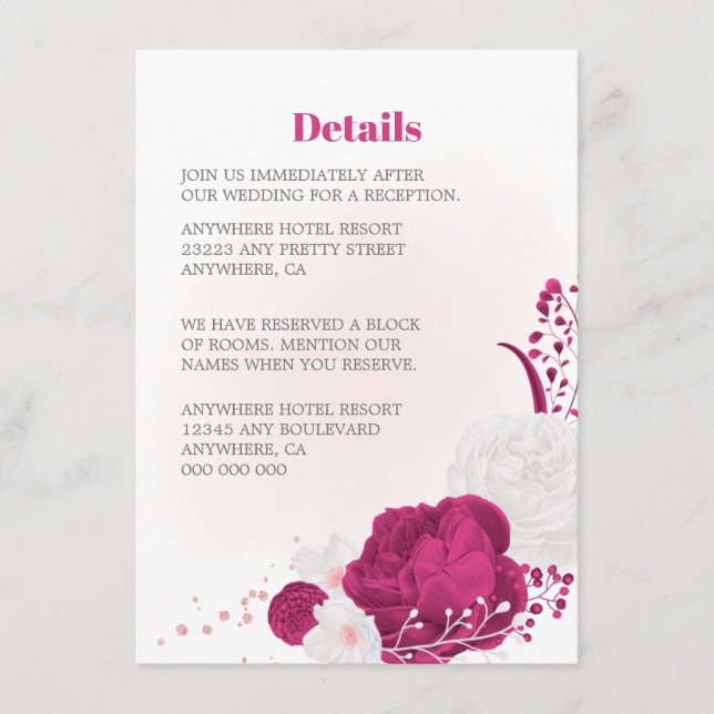 Tarjeta De Recepción detalles del boda floral de fucsia y blanco (Anverso)