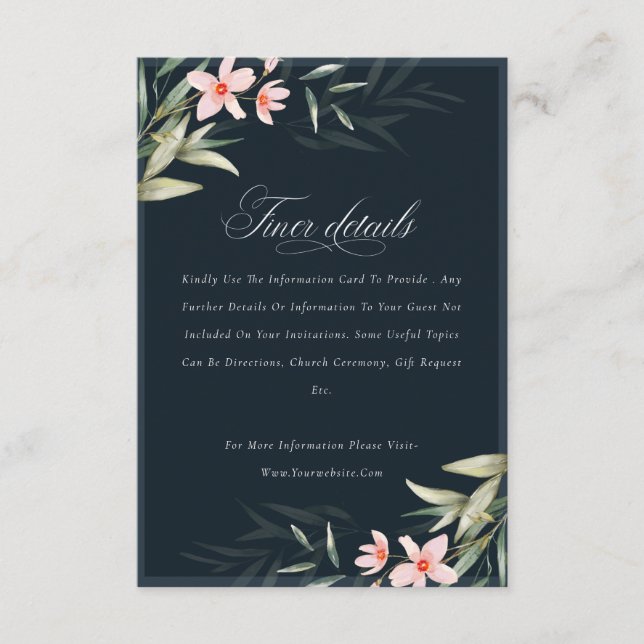 Tarjeta De Recepción Detalles del Boda floral de la Marina Oscura Rubor (Anverso)