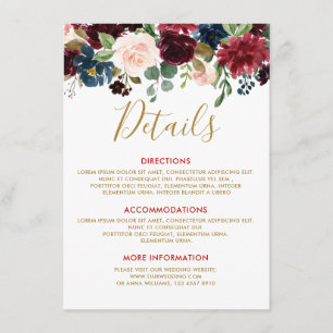 Tarjeta De Recepción Detalles del Boda floral de la Marina Roja de Borg