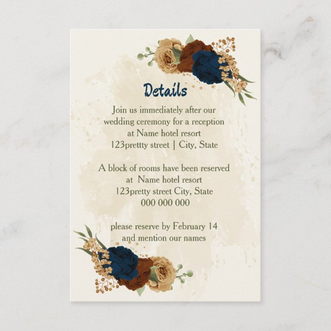 Tarjeta De Recepción detalles del boda floral de la marina terracota (Anverso)