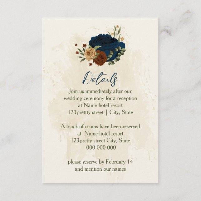Tarjeta De Recepción detalles del boda floral de la marina terracota (Anverso)