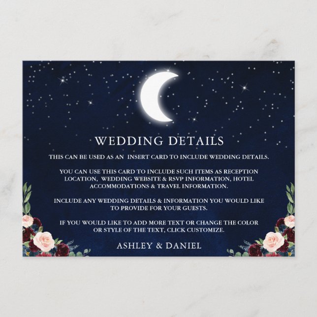 Tarjeta De Recepción Detalles del Boda floral de las estrellas celestes (Anverso)