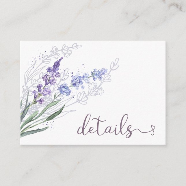 Tarjeta De Recepción Detalles del Boda floral de lavanda acuarela (Anverso)