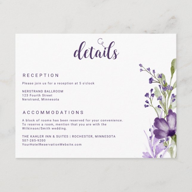Tarjeta De Recepción Detalles del Boda Floral de Lavanda Púrpura (Anverso)