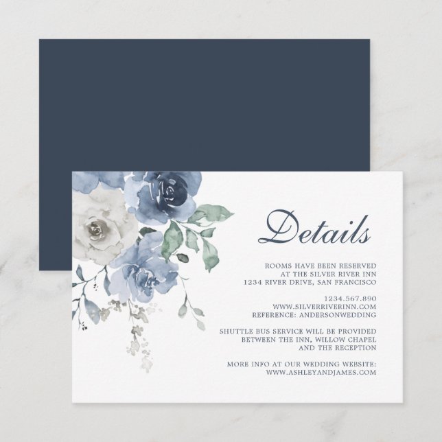 Tarjeta De Recepción Detalles del Boda floral de marfil azul oscuro (Anverso / Reverso)