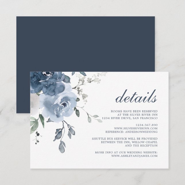 Tarjeta De Recepción Detalles del Boda floral de marfil azul oscuro (Anverso / Reverso)