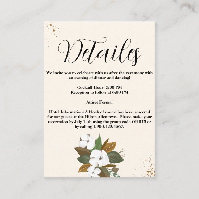 Tarjeta De Recepción Detalles Del Boda Floral De moda Marrón Y Crema (Anverso)
