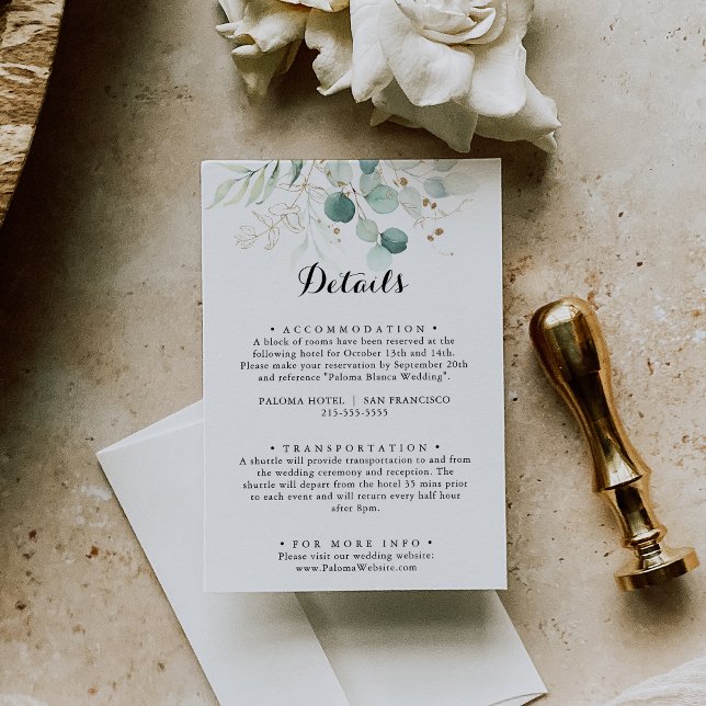 Tarjeta De Recepción Detalles del Boda floral de oro de eucalipto ruso (Subido por el creador)