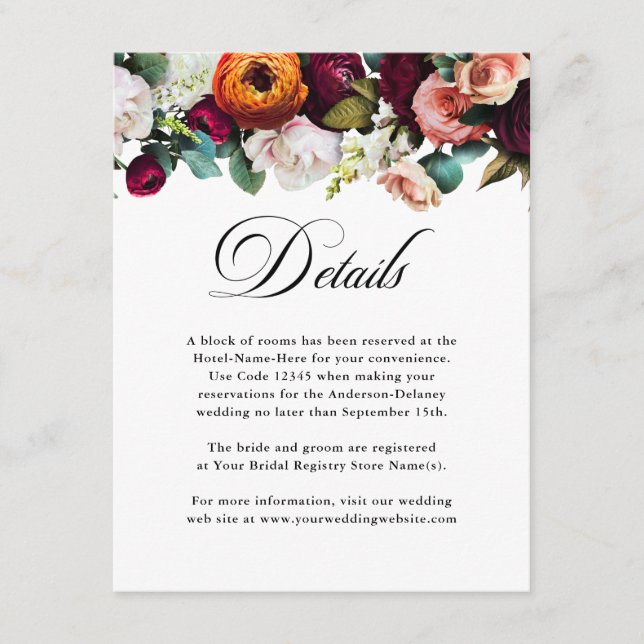 Tarjeta De Recepción Detalles del Boda floral de otoño fresco (Anverso)