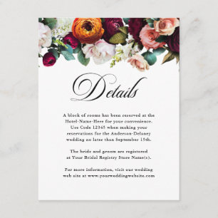 Tarjeta De Recepción Detalles del Boda floral de otoño fresco