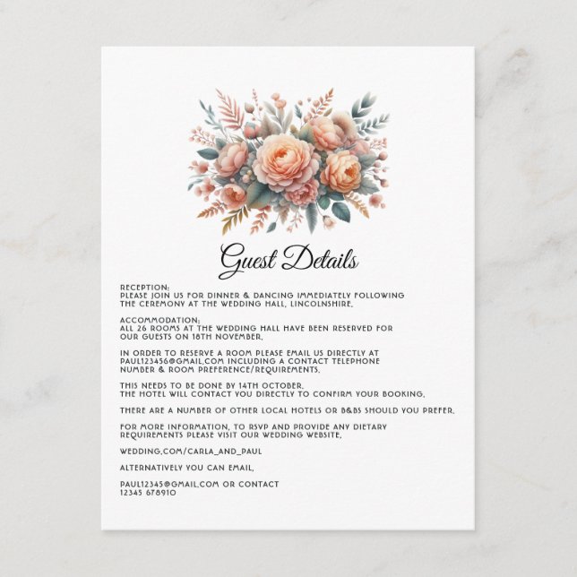 Tarjeta De Recepción Detalles del Boda Floral de Peach Fuzz (Anverso)