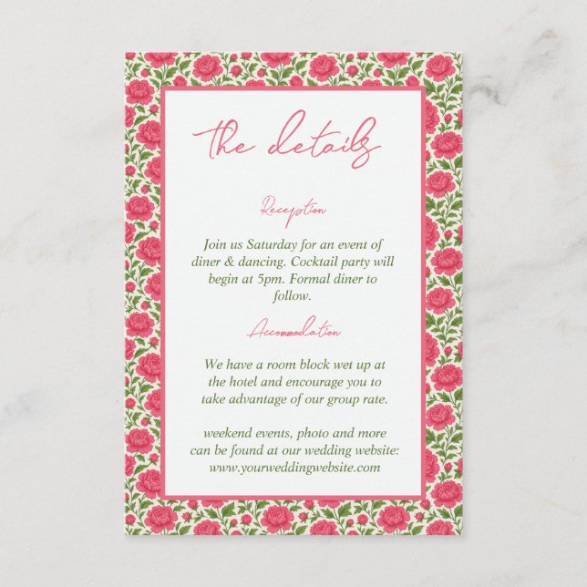 Tarjeta De Recepción Detalles del Boda floral de Peony Rosa en Bloom (Anverso)