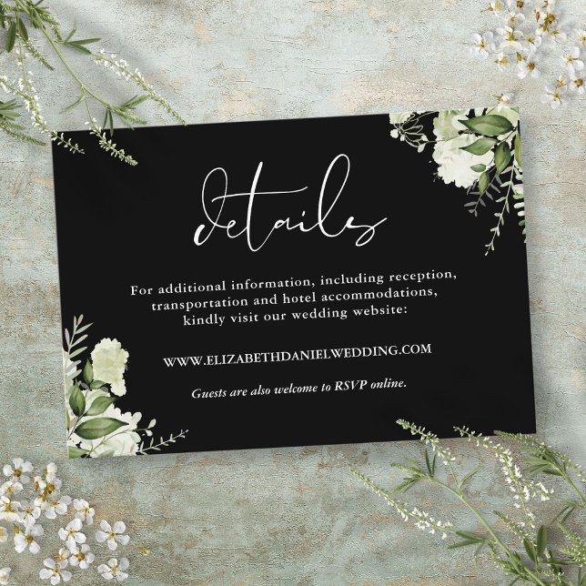 Tarjeta De Recepción Detalles Del Boda Floral De Verdor Blanco Y Negro (Black And White Greenery Floral Wedding Details Enclosure Card)