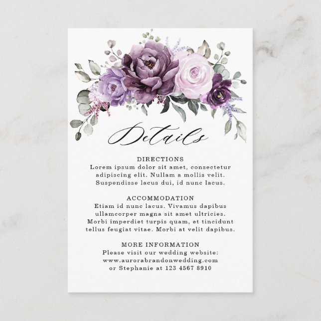 Tarjeta De Recepción Detalles del Boda floral de violeta púrpura en ton (Anverso)