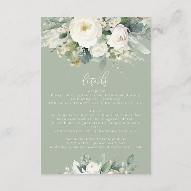 Tarjeta De Recepción Detalles del Boda floral del eucalipto verde sabio (Anverso)