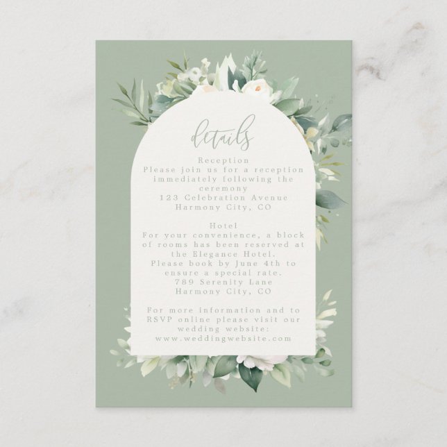 Tarjeta De Recepción Detalles del Boda floral del eucalipto verde sabio (Anverso)