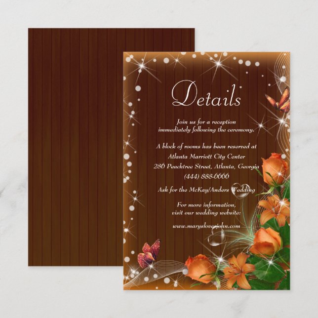 Tarjeta De Recepción Detalles del Boda floral del Naranja de Madera Osc (Anverso / Reverso)