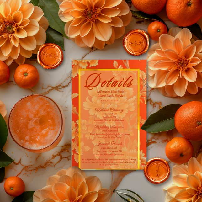 Tarjeta De Recepción Detalles del Boda floral del Naranja Mandarín opul (Elegant Mandarin Orange Floral  Details Enclosure Wedding Card )