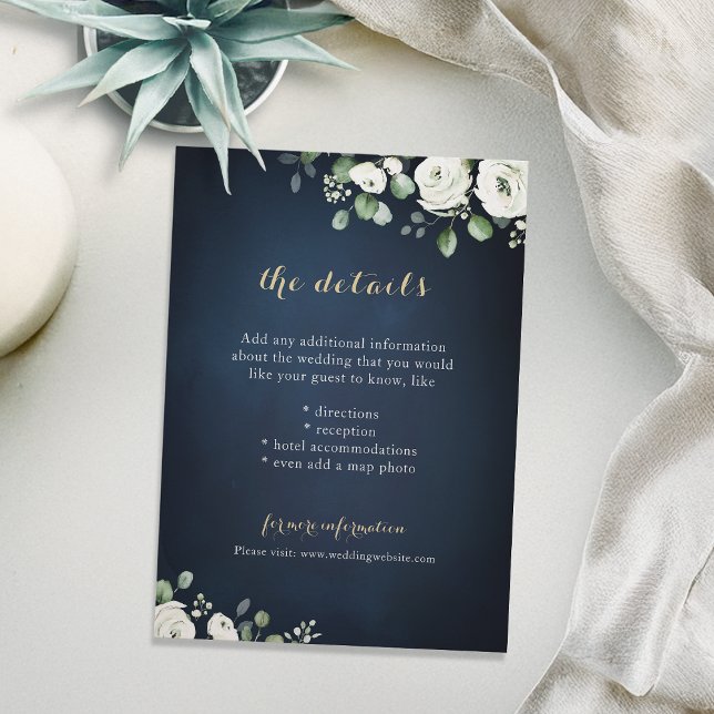Tarjeta De Recepción Detalles del boda floral dorado marino blanco (Gold script navy white floral wedding details enclosure card)