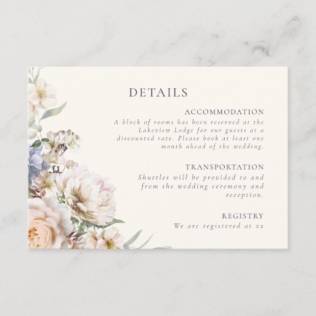 Tarjeta De Recepción Detalles del Boda Floral Dusty Blue Cream (Anverso)