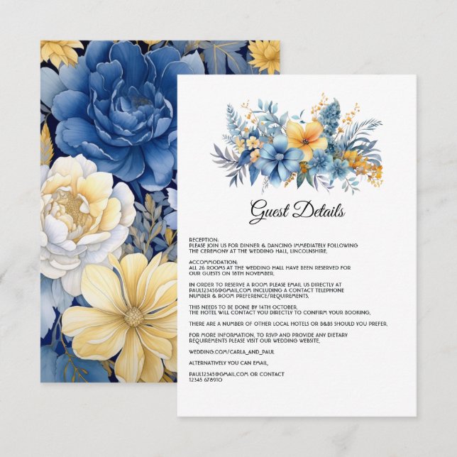 Tarjeta De Recepción Detalles del Boda Floral Dusty Blue y Gold (Anverso / Reverso)