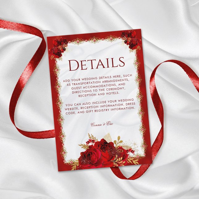 Tarjeta De Recepción Detalles del Boda floral elegante rojo y dorado (Subido por el creador)