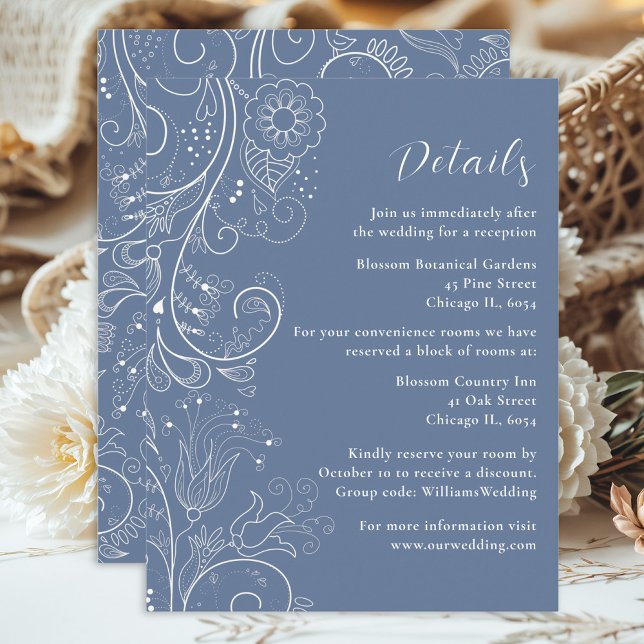 Tarjeta De Recepción Detalles del Boda floral elegante y azul turbio (Subido por el creador)