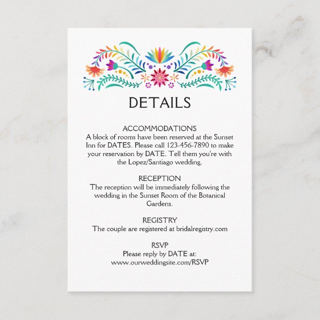Tarjeta De Recepción Detalles del Boda Floral Fiesta (Anverso)